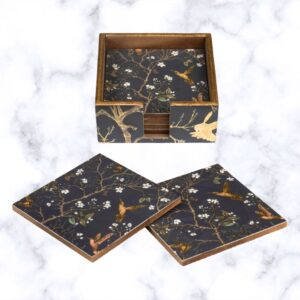 Black Wing 6-piece wooden coaster set in black with gold bird and floral accents, with holder