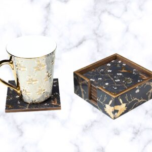 Black Wing 6-piece wooden coaster set in black with gold bird and floral accents, with holder