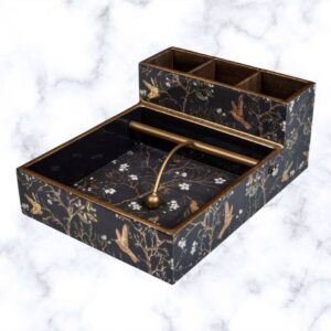 Stylishly organize your cutlery with the Black Wing 3-Pocket Holder—handcrafted in matte black with golden bird designs for modern luxury settings.
