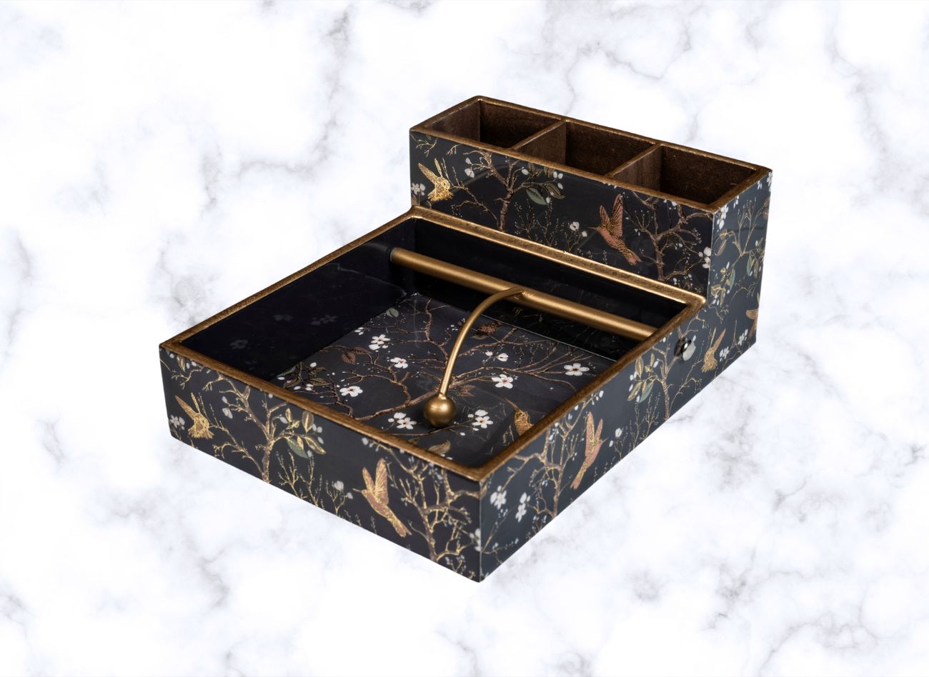 Stylishly organize your cutlery with the Black Wing 3-Pocket Holder—handcrafted in matte black with golden bird designs for modern luxury settings.