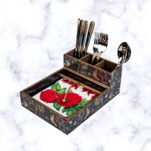 Black Wing napkin and cutlery holder combo with black finish and golden bird design.