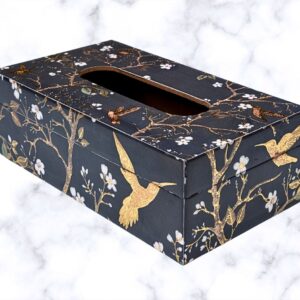 Black Wing wooden tissue box with matte black finish and golden birds, handcrafted with sliding lid