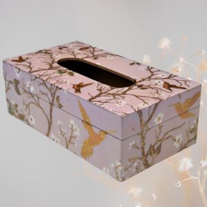 Pink Wing wooden tissue box with blush floral design and golden bird motifs, handcrafted and elegant for luxury home décor